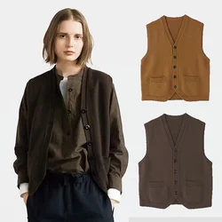 R0W Brand Women's Cardigan Spring New British Vintage Layup Tank Top Button Design V-neck Sleeveless Wool Knitted Sweater Vest