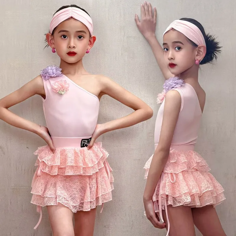 

Customized Latin Dance Suit Practice Dress Girls Competition Performance Dress Pink Shoulder Flower Latin Top Skirt Split Set