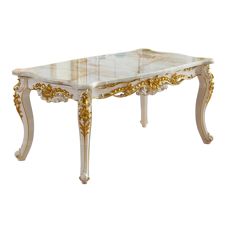 

white gold painted luxury long table dining table and chair combination