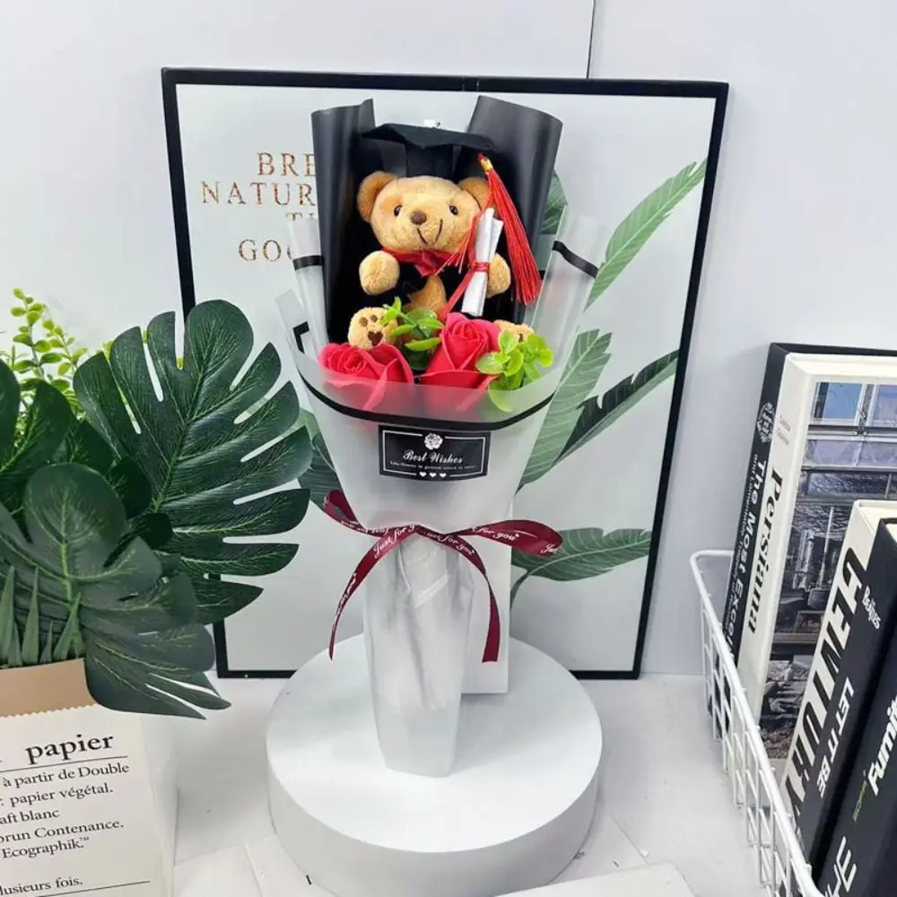 Ramo de oso de graduación bonito y elegante, impresionante regalo, ramo de jabón de girasol, oso de peluche Multicolor, fiesta de cumpleaños