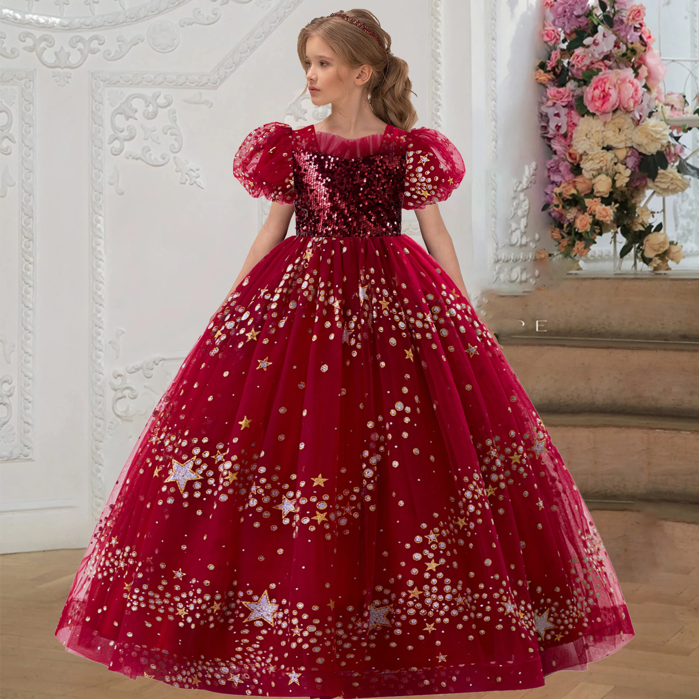 Vestidos de fiesta de Navidad con lentejuelas rojas para niñas, elegante vestido de princesa de tul con estrellas para boda y cumpleaños, disfraces de noche para dama de honor con lazo para niña