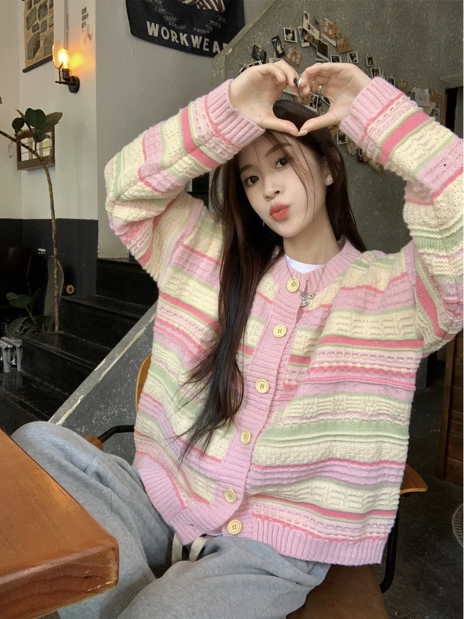 Korean Sle Striped Knitted Sweater Coat Women's Loose Slimming Lazy Sweet Top Autumn New Arrival Single Button Long Sve ...