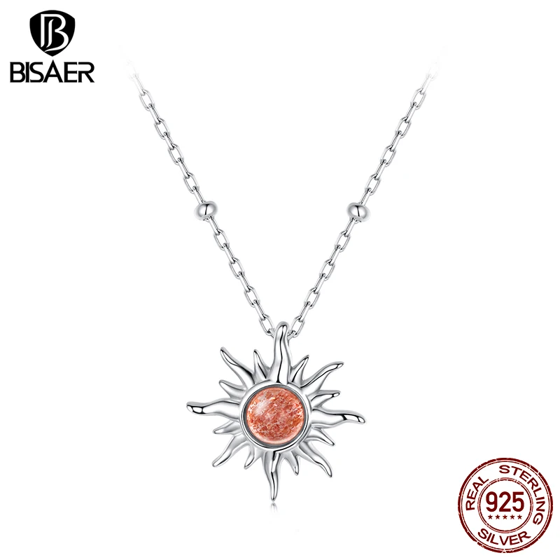 

BISAER 925 Sterling Silver Sun Necklace Pendant Sunstone Adjustable Chian Plated White Gold For Women Original Fine Jewelry Gift
