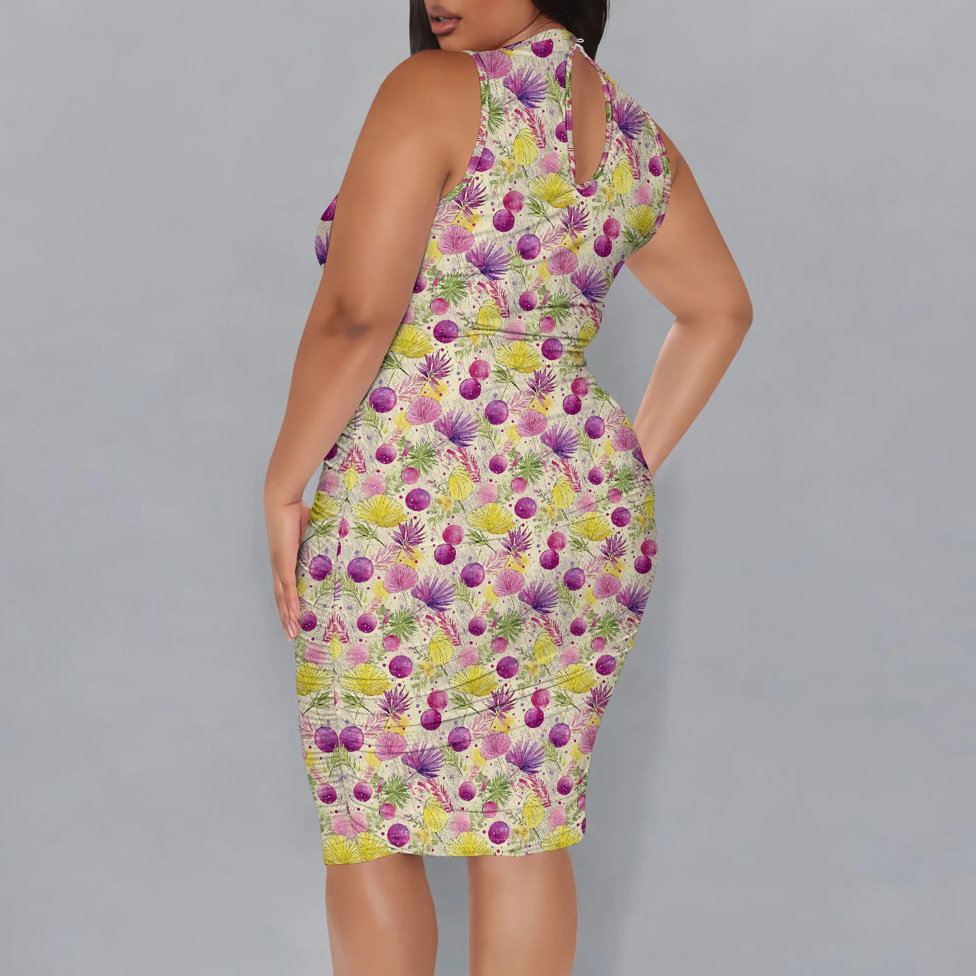 Plus Size Tropical Floral Sleeveless Dress XL-6XL Colorful Summer Bodycon Dress for Beach Vacation Party Look 2025