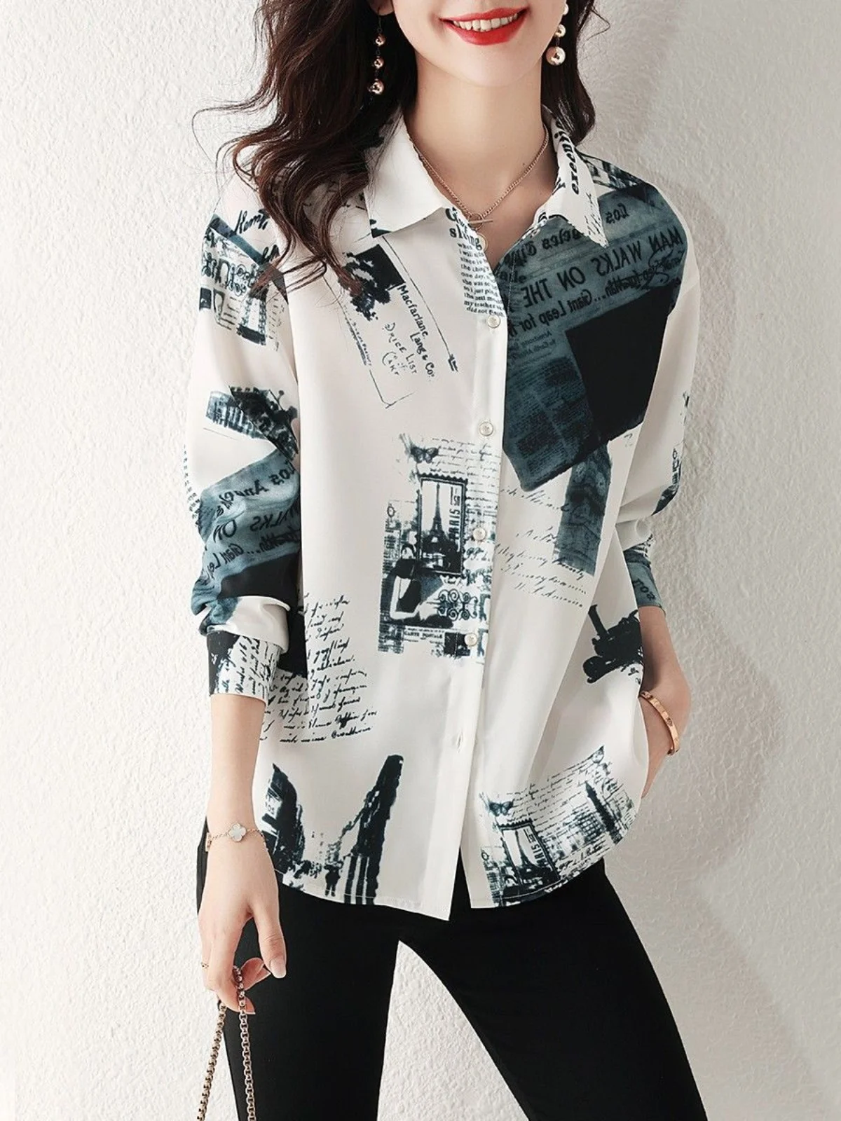 

MSAY Retro Hong Kong Sle Printed Long Sve Women's irt Autumn 2023 New Design Sense Faion Polyester Fiber