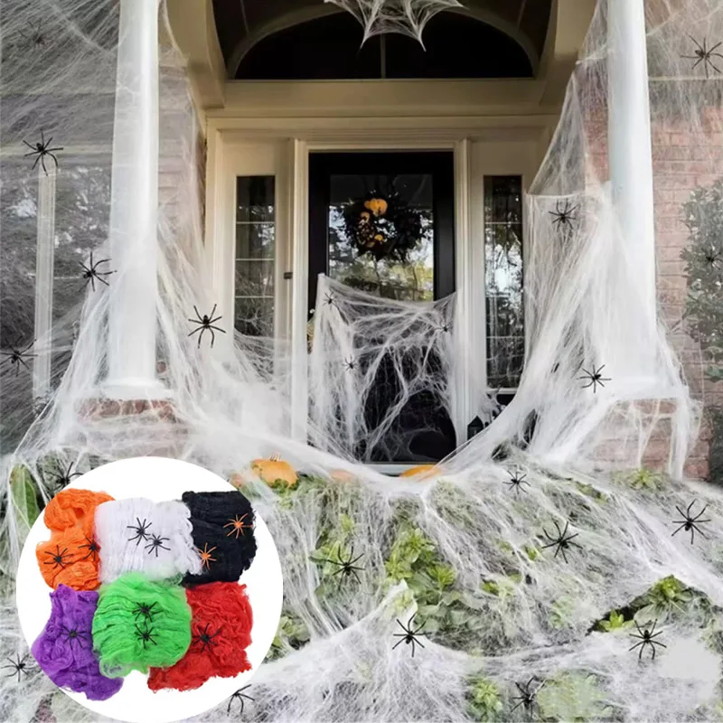 Halloween Decoration Spider Web Artificial Stretchy Cobweb Props Glow-in-the-dark Spider Horror Gothic Haunted Home Decor Party