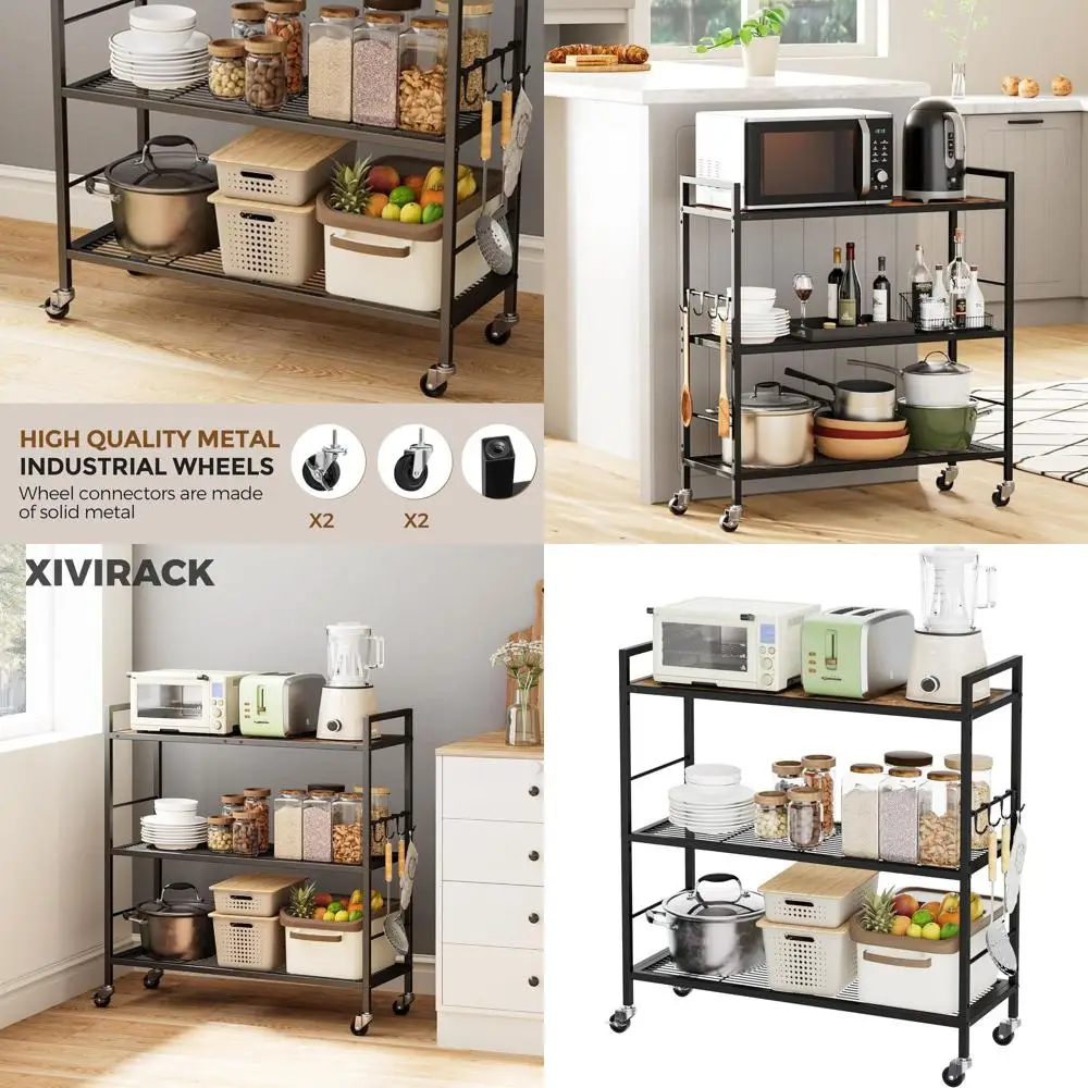 

Industrial 3-Tier Mesh Storage Rack with Wheels, Wooden Top, Adjustable Shelves, 31.5 Wide, Ideal for Kitchen, Laundry, Pantry,
