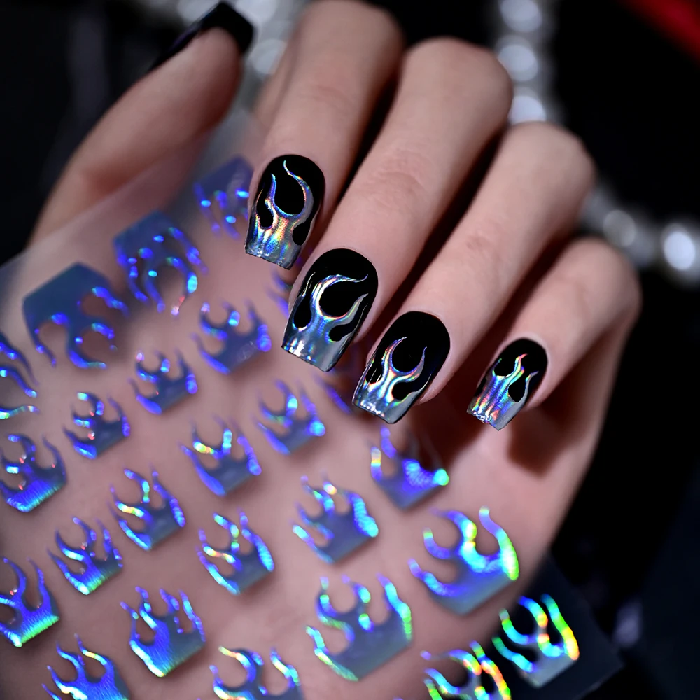 1 Sheet 5D Holographic Flame Nail Stickers Shiny Laser Rainbow Gradient Self-adhesive French Tip Nail Decals Punk Nail Sliders**