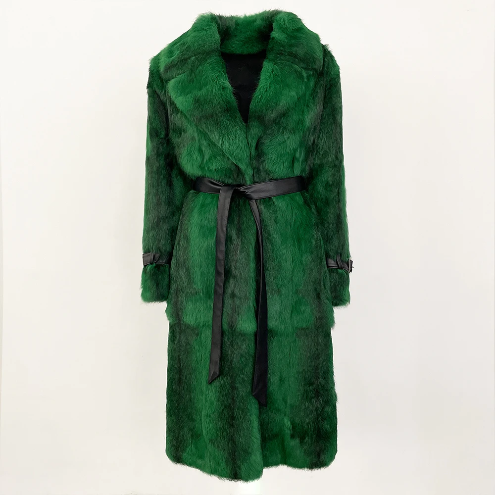 فوق الركبة جلد كامل المستوردة المرأة موضة ليوبارد طباعة معطف سميكة الدافئة الفراء المتكاملة الخريف الشتاء معطف فرو الأرنب #4