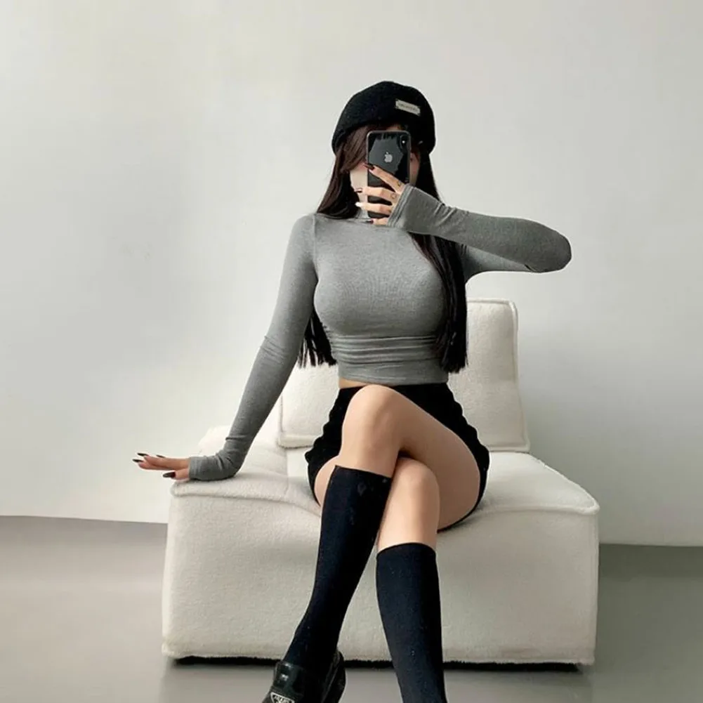 

Casual Club Wear For Women Ribbed Knit Black Ribbed Crop Shirt Suitable For All Seasons Vacation Wear Daily Top