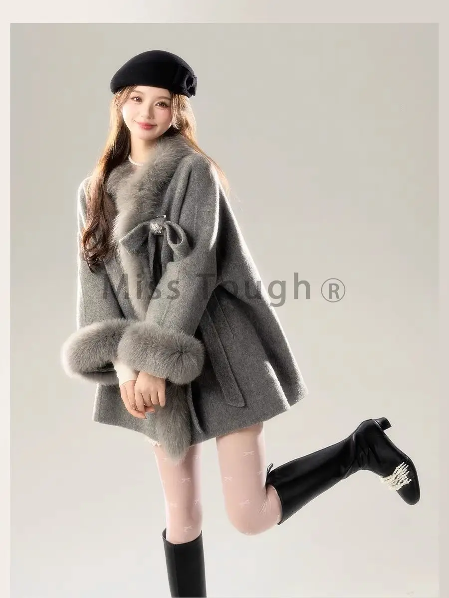 Winter Loose Button Vintage Gray Overcoat Women Korean Fashion Warm Hoodie Casual Outerwear New Design Chic Retro Wool Coat 2024