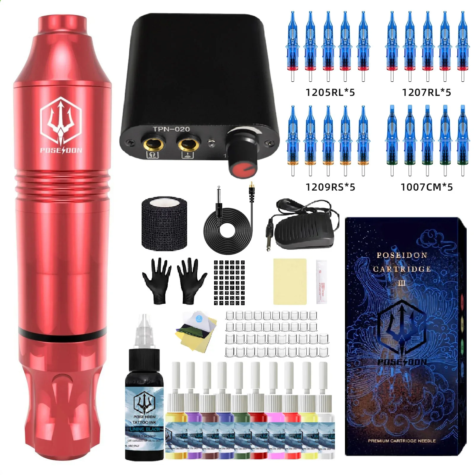 Tattoo Kit POSEIDON High Quality Tattoo Pen Kit For Permanent Makeup Tattoo Machine Red Wired Tattoo Power Supply Tattoo Gun Kit