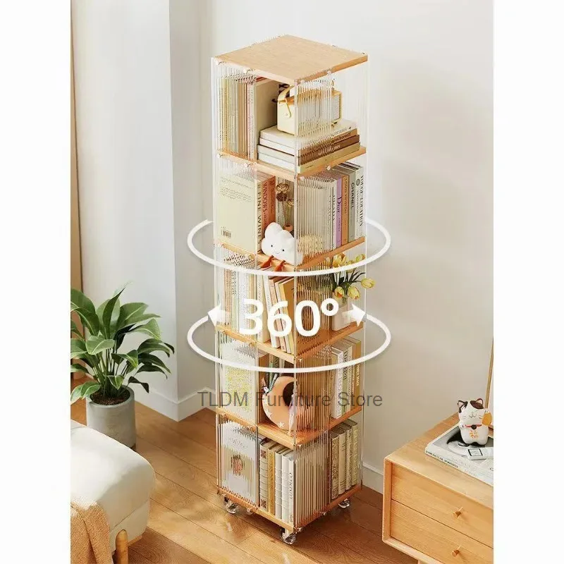 360° Rotating Bookshelf with Wheels Multi-Layer Acrylic Storage Rack, Space-Saving Corner Bookcase for Living Room Bedroom Study