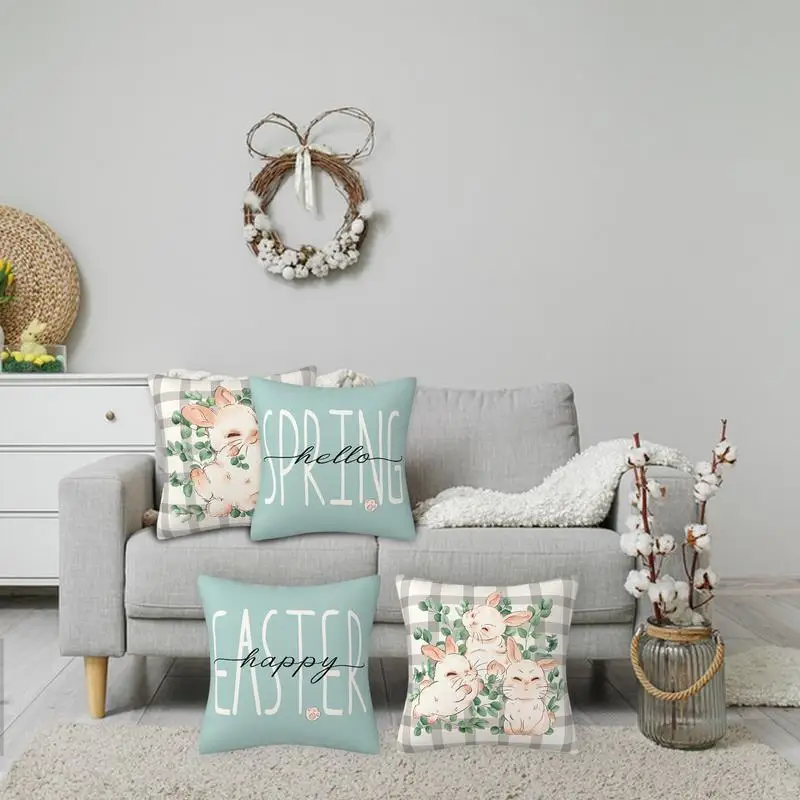 Spring Pillow Covers 18x18 Eucalyptus Leaves Hello Spring Cushion Case Decoration For Sofa Couch Set Of 4 With Invisible Zipper