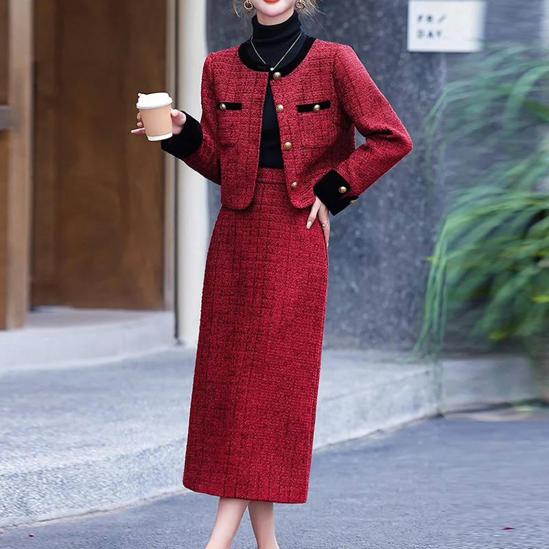 ZJYT Autumn Winter Elegant Women Tweed Woolen Jacket Suit with Skirt 2 Piece Set Vintage Outfit Office Lady Party Dress Sets Red