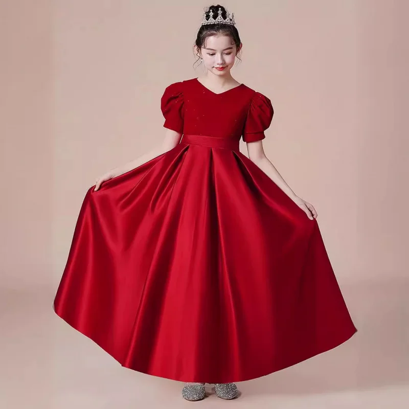 Children's Dress Red Flower Girl Wedding Spring Girl Princess Dress Little Host Western Style High-End Costume for Piano Perform