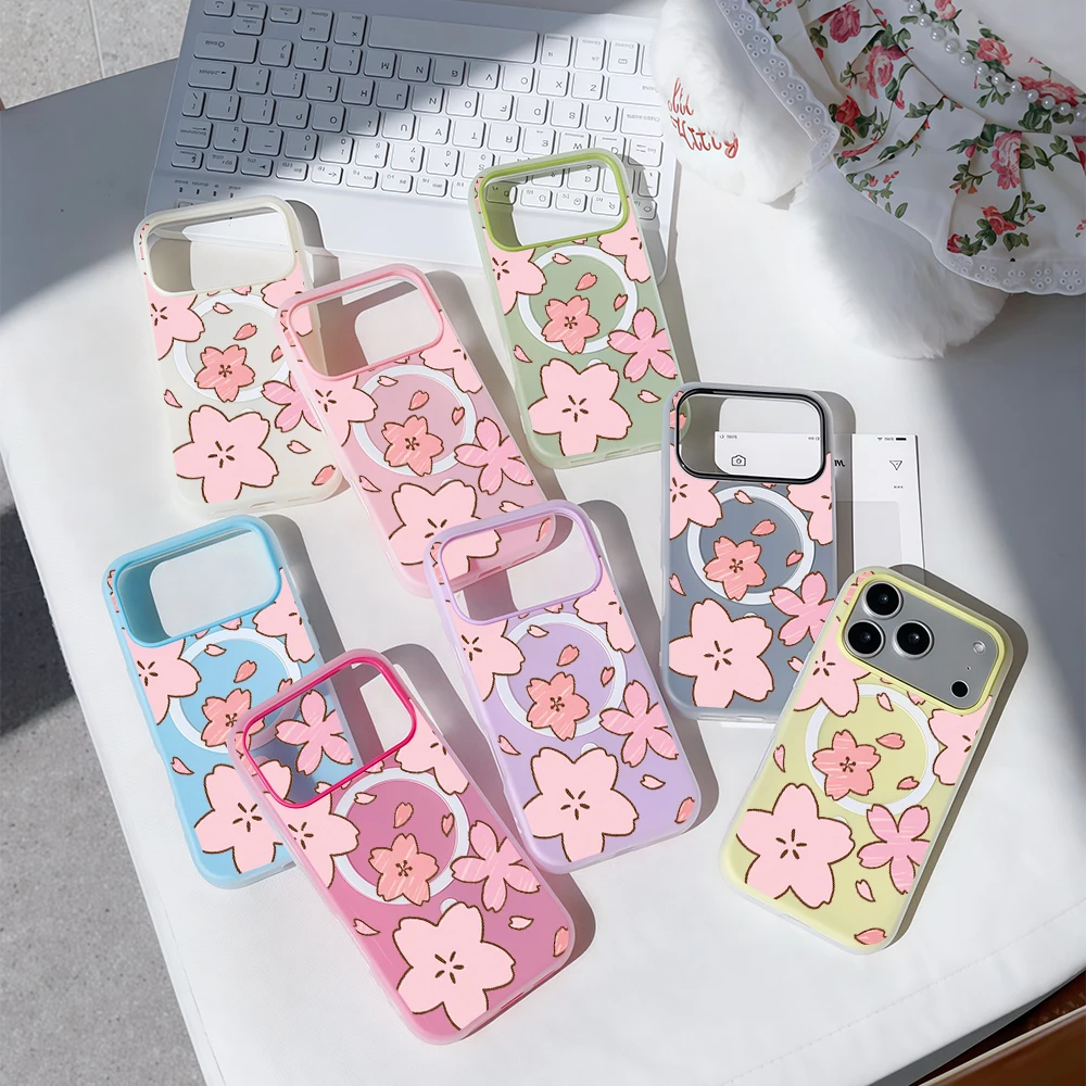 Pastellfarbene Kirschblüten Luxus Candy Color 2-in-1 MagSafe Hülle für iPhone 16 15 14 13 17 Pro Max Plus Transparente Matte Weiche Abdeckung