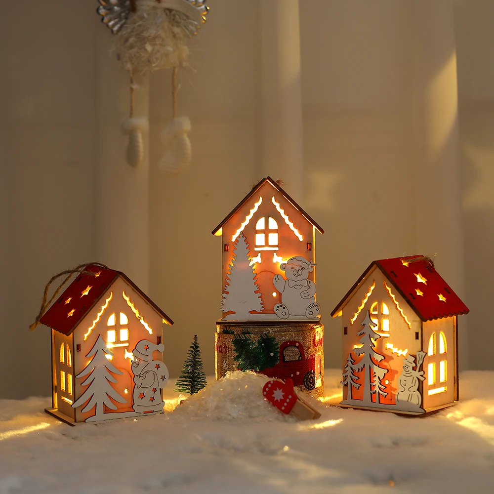 1Pc Christmas Glowing Wooden Cottage Pendant LED Light Red House Hanging Ornaments Home Party Christmas Tree Decor 2023 Navidad