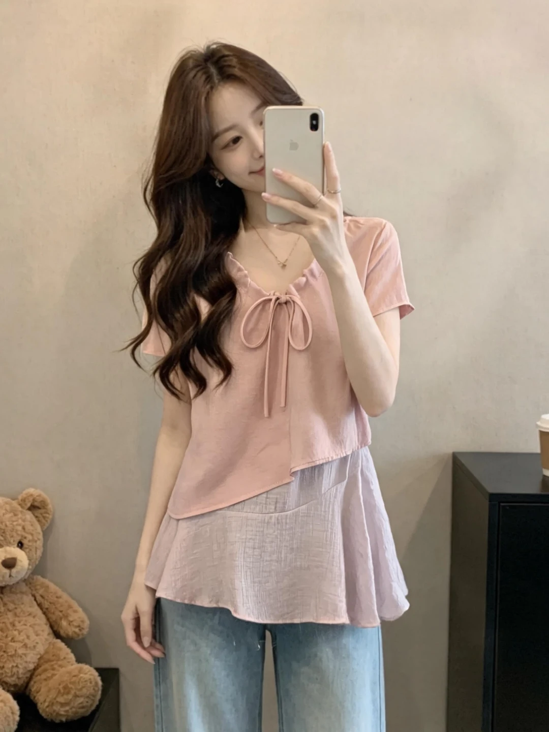 

Pink V-Neck Short Sleeve Base Shirt Women's Summer New Large Size Fashion Slimming Stylish Fake Two-Piece Top French Style Lo...
