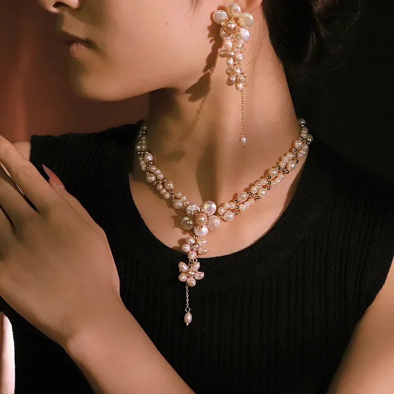 Fashion Pearl Flower Pendant Necklace Stud Earrings Set Women Charm Tassel Choker Statement Collar Fashion Design Jewelry Gift