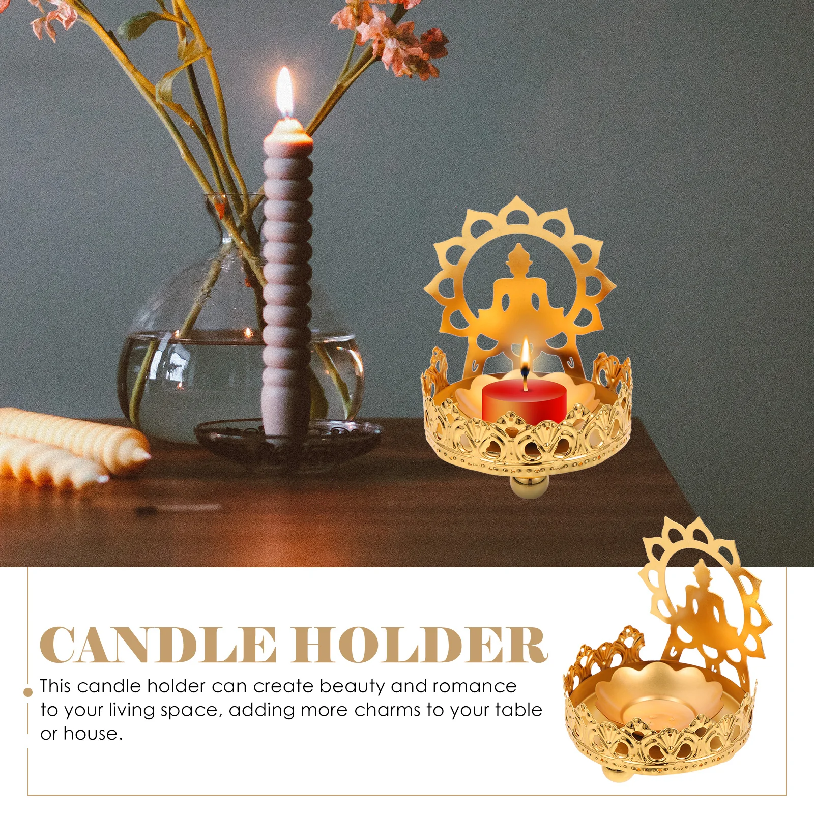 

Vintage Metal Holder Hollow Buddha Design Decorative Candlestick For Home Wedding Party Table Decoration Desktop