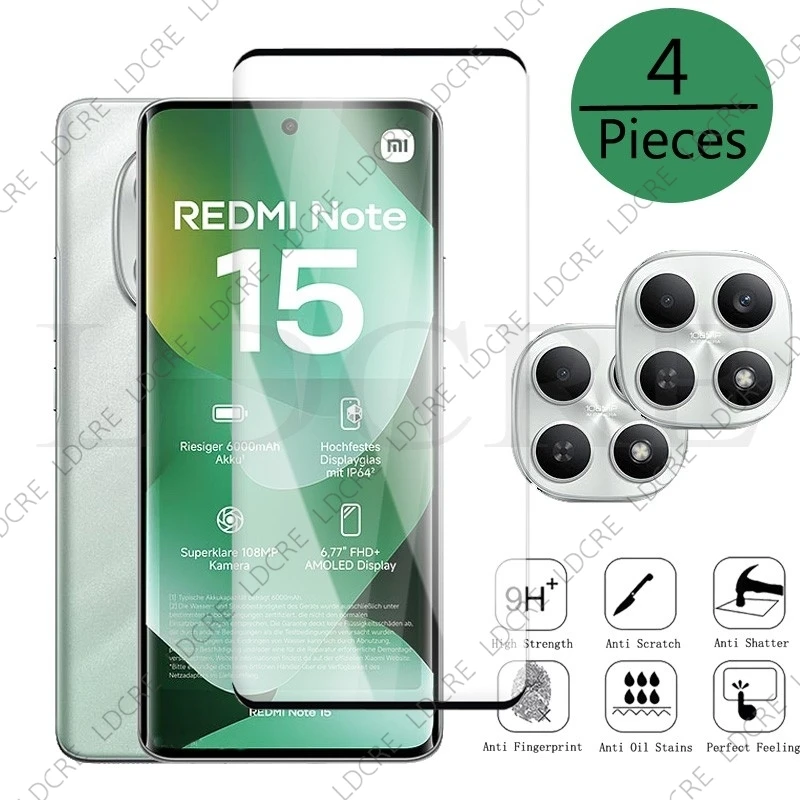 

4Pcs Tempered Glass For Redmi Note 15 4G Screen Protector on Redmi Note 15 4G Protective Cover Glass For Xiaomi Redmi Note 15