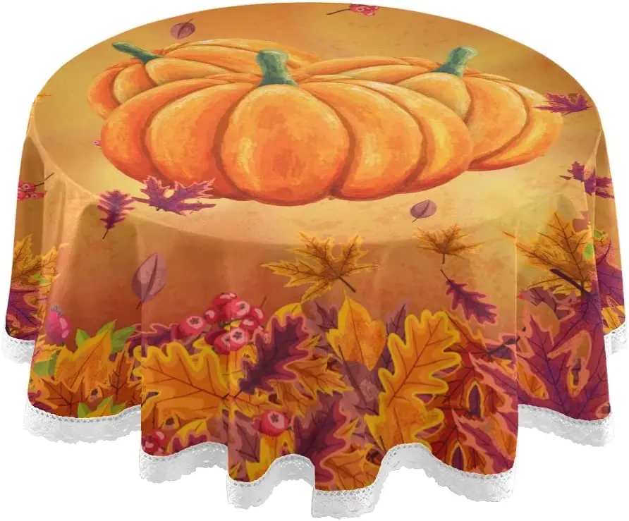 Autumn Pumpkin Maple Round Tablecloth Fall Sunflower Flowers Table Cloth Cover Mat Lace Washable Polyester 60