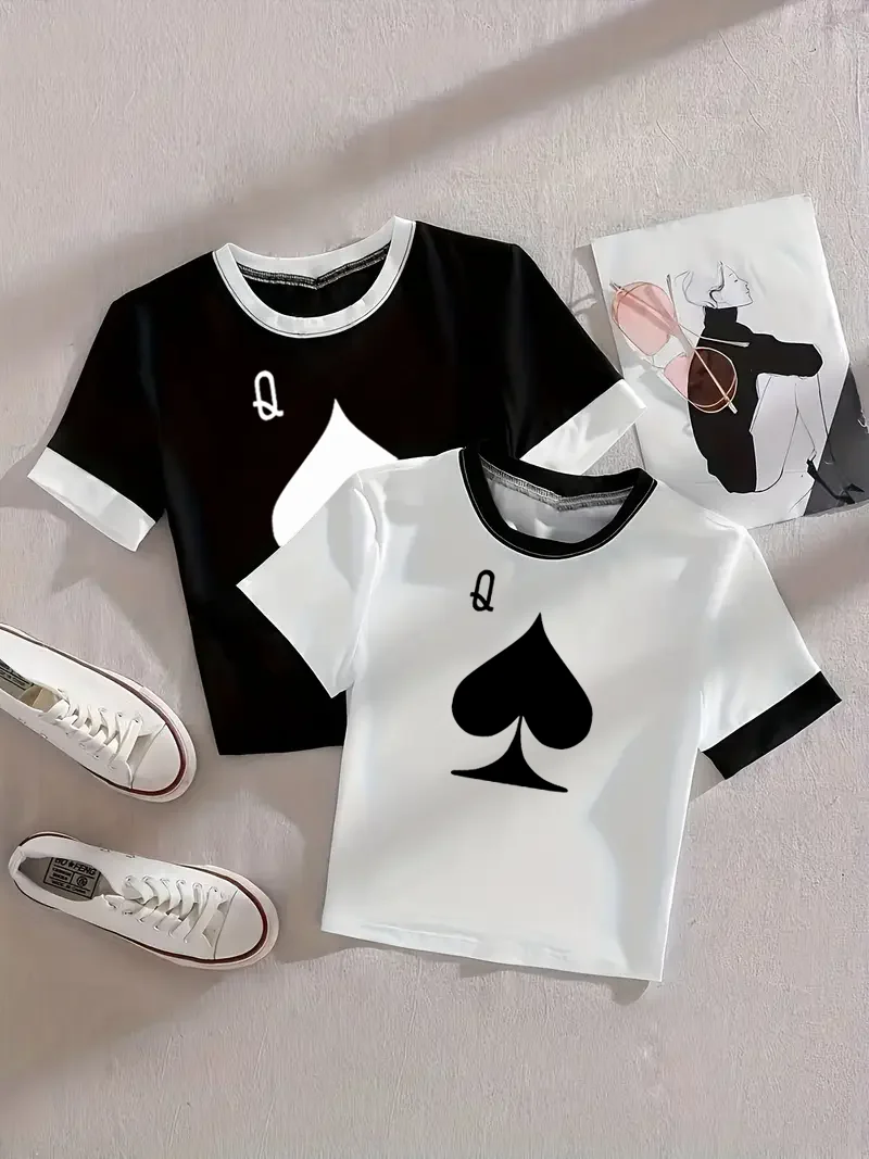 2-Pack - Women's Poker Q Printed Round Neck T-Shirt, Spring and Summer Casual Short-Sleeved T-Shirt