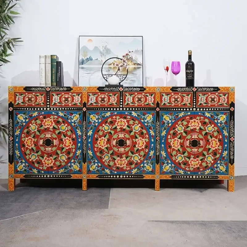 Style Solid wood dining side cabinet Antique shoe cabinet Entrance  South East Asia Living room Painted storage