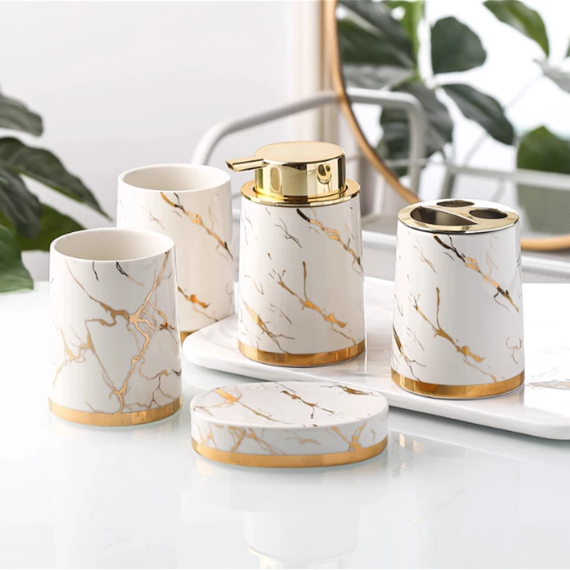 1pc Ceramic Toiletries Lotion Bottle Toothbrush Holder Toothbrush Cup Soap Dish Bathroom Accessories Imitation Marble Texture