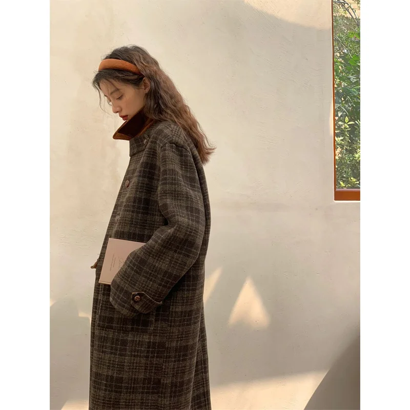 الإناث الراقية سميكة منتصف طويلة مزاجه أبلى جديد إمرأة منقوشة معطف الصوف الخريف الشتاء الكورية سترة الصوف الموضة