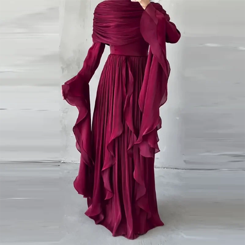 

Темпераментное роскошное плиссированное вечернее платье с высокой талией, женское элегантное однотонное шифоновое платье, модное банкетное платье нестандартной формы с круглым вырезом