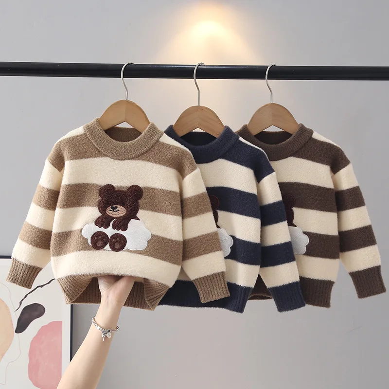 School Kids Striped Knit Sweater Cartoon Bear Round Neck Pullover Soft Skin-friendly Warm Autumn Winter Boys Knitwear JY10021