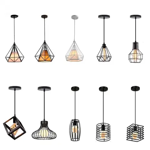 Nordic luzes pingente industrial loft lâmpada do vintage ferro arte gaiola preto pendurado lâmpada da cozinha sala de estar para e27 lâmpada led