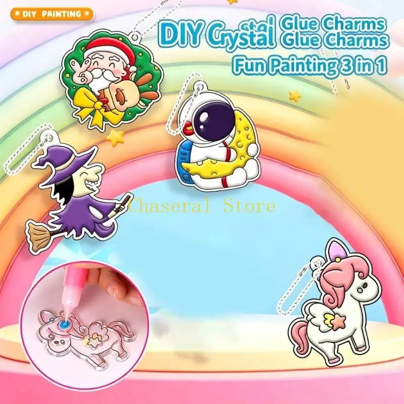 E7CE DIY Bag Charm Craft Set for Kids Ages 3+, Color Fill Art Activity with 6 Templates, 6 Paint Pens, 6 Cords for Crafts