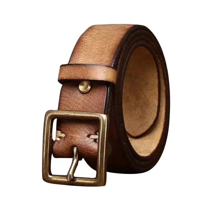 Vintage Style Distressed Leather Belt with Brass Buckle for Men leather belts for men high quality