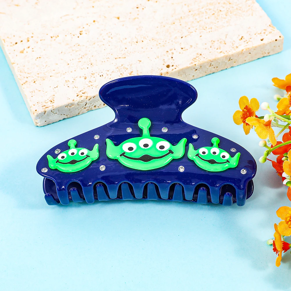 Acrylic Dark Blue Three-Eyed Alien Hair Claw Clip Cute Green Cartoon Creature Rhinestone Hair Barrettes for Women Girls view 2