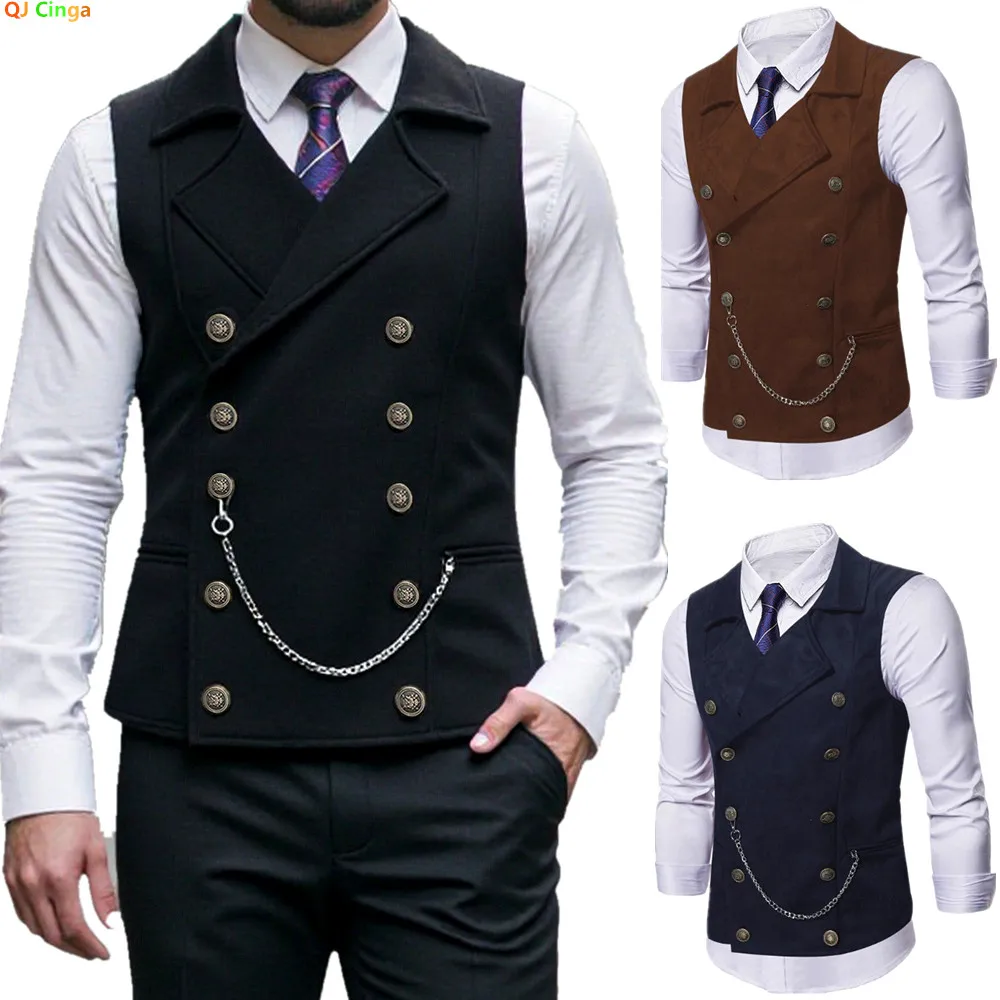 

Черные двубортные мужские костюмные жилеты, коричневый жилет без рукавов с v-образным вырезом, темно-синий деловой повседневный жилет.