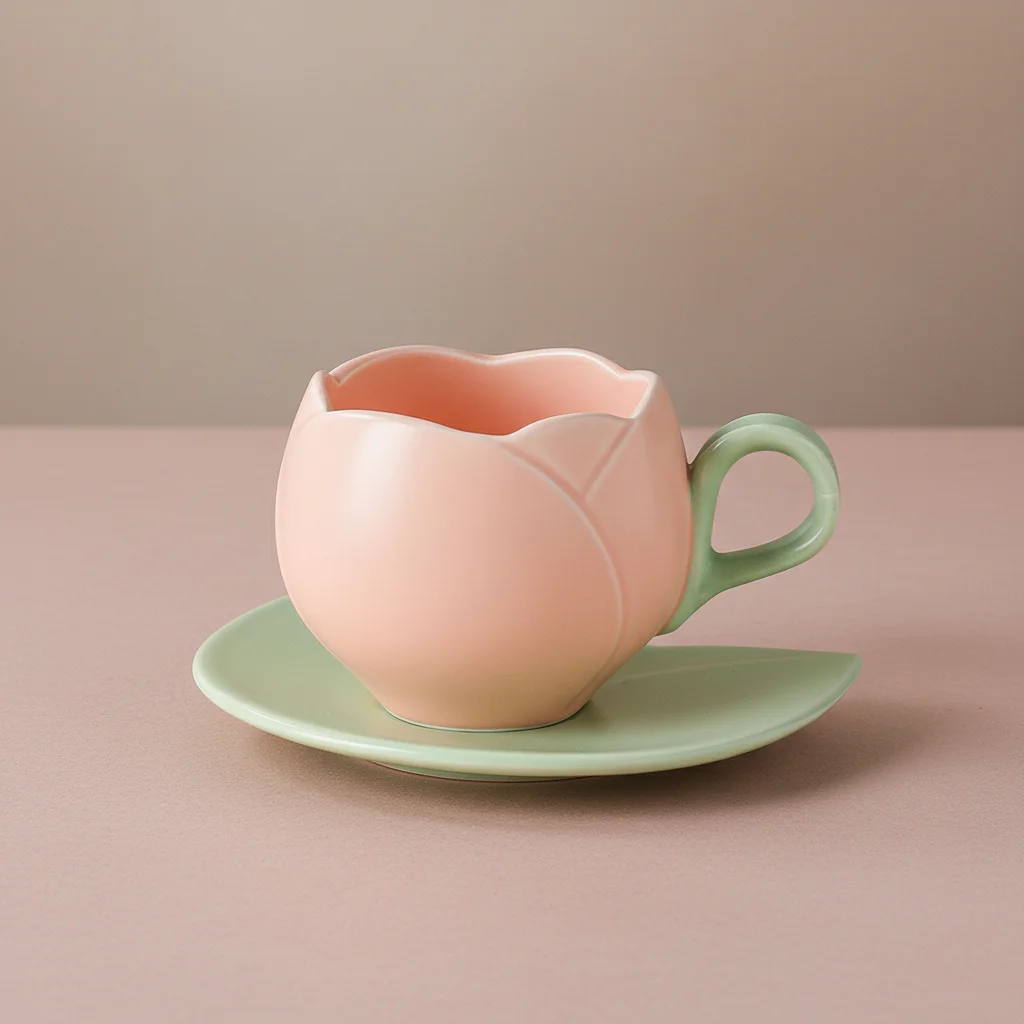Ceramic Coffee Cup And Saucer Set Tulip Shape Japanese Style Design for Women