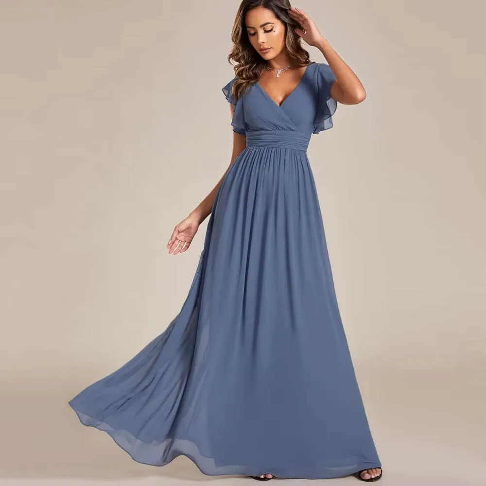 

Customized A Line Elegant V Neck Mother of Bride Dresses Short Sleeve Chiffon Evening Gowns Robes Wedding Party Dresses