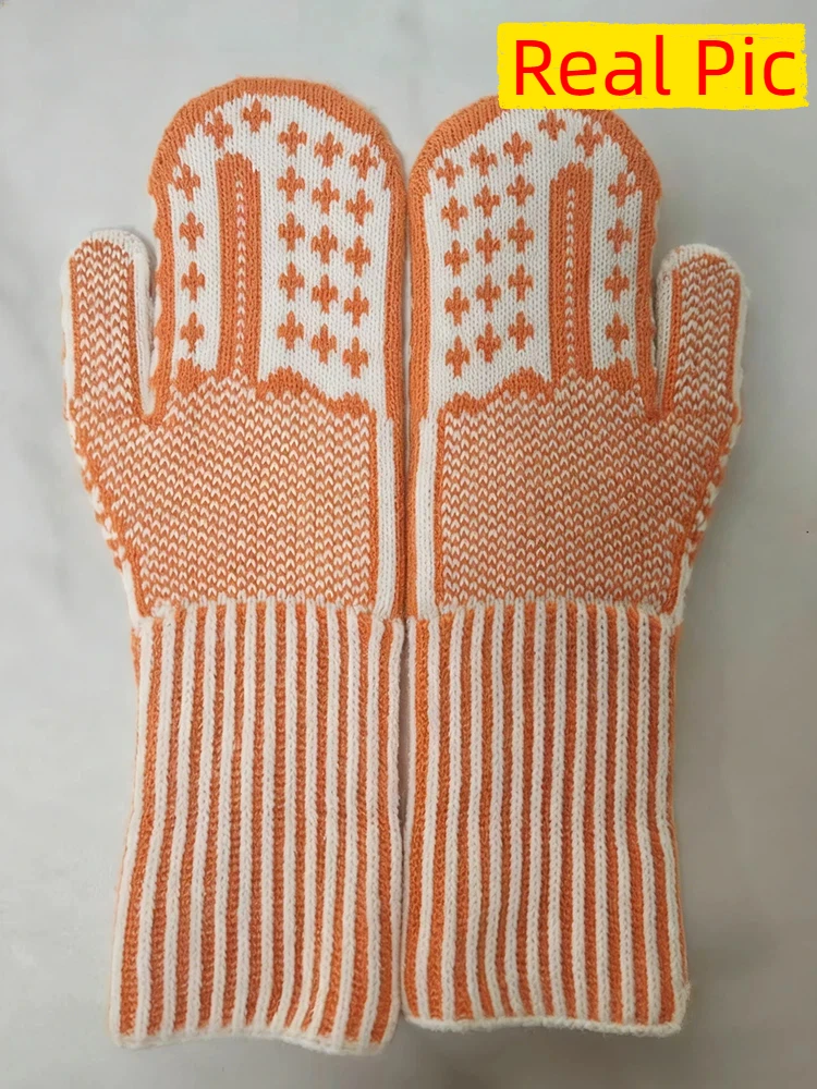 The Naughty List Knitted Mittens Orange And White With Cross Pattern Hidden Middle Finger Mittens For Ski Cycling Running