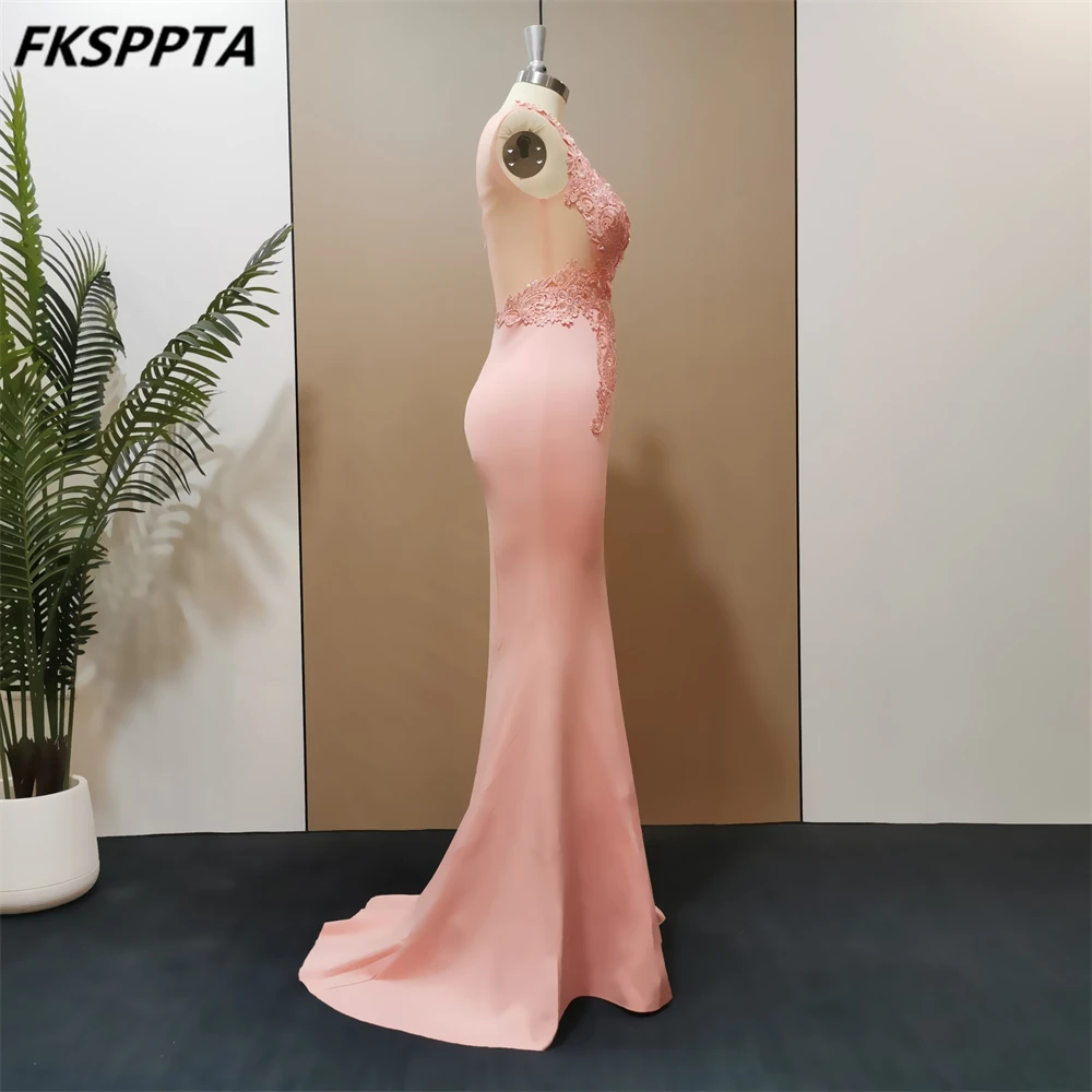 Lovely Pink Mermaid 2023 Evening Dress See Through Back Chic Appliques Satin Floor Length Long Formal Gowns For Prom Party