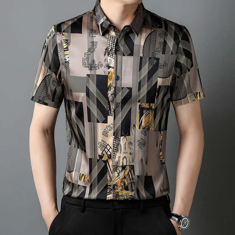 Easy Care Premium Dress Men Shirt Real Silk Short Sleeve Casual Summer High Quality Soft Comfortable Icy Cool Thin Chemise Homme