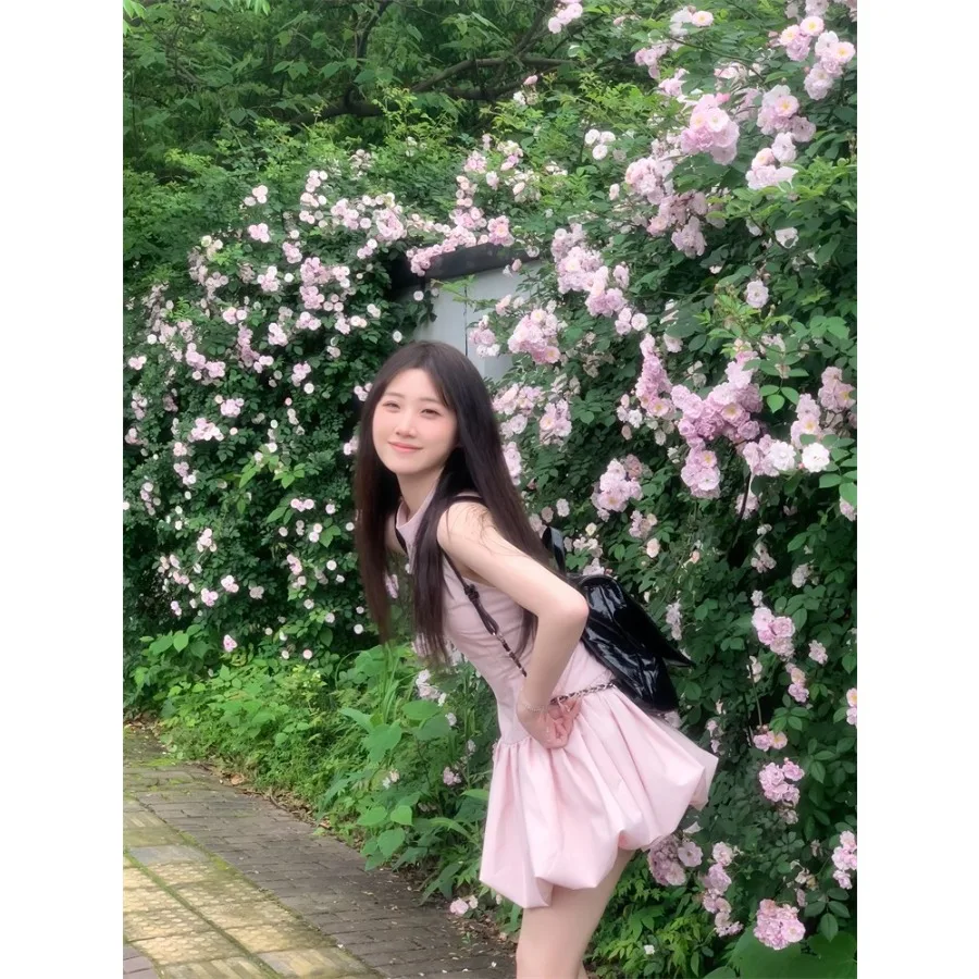 

【New style】French sweet pink sleeveless hanging neck dress for women summer design feel waist down slimming fluffy short skirt