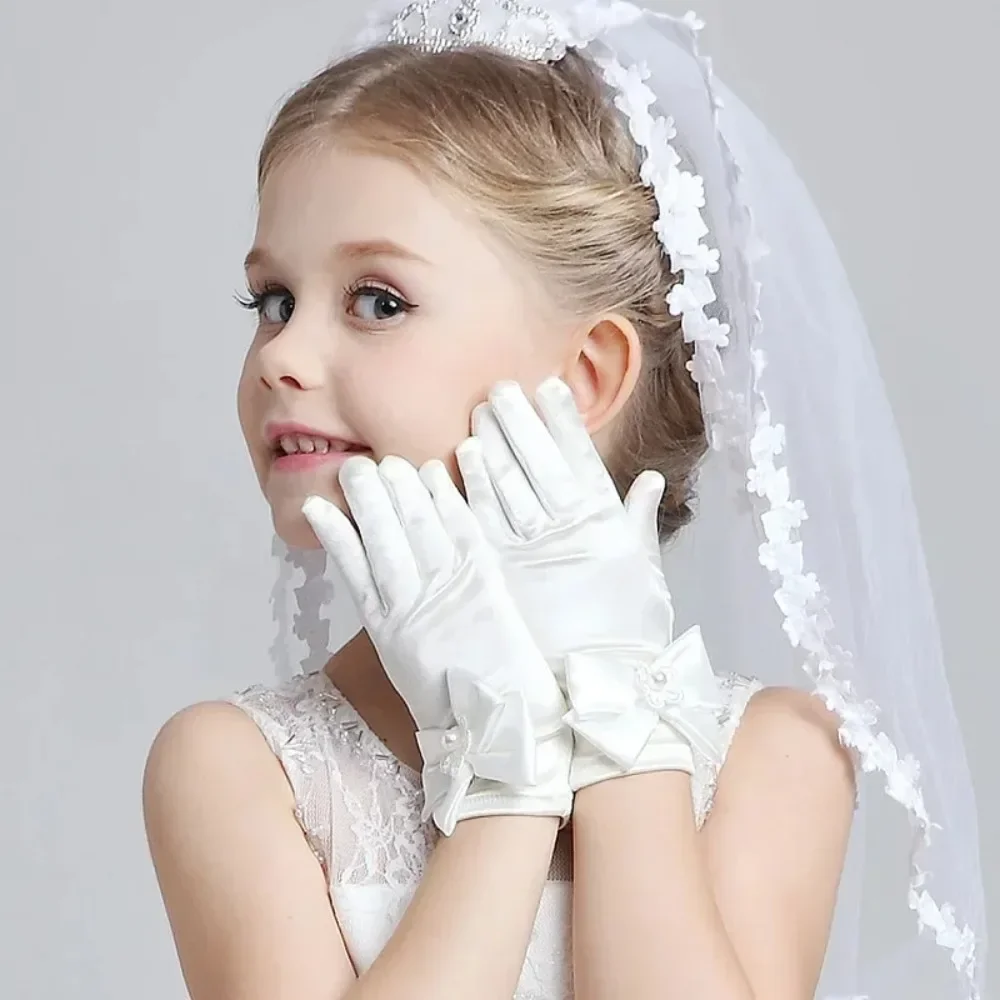 New Sweet Satin Flower  Gloves White Gloves for Girls Wedding Gloves with Bow Fashion Mittens