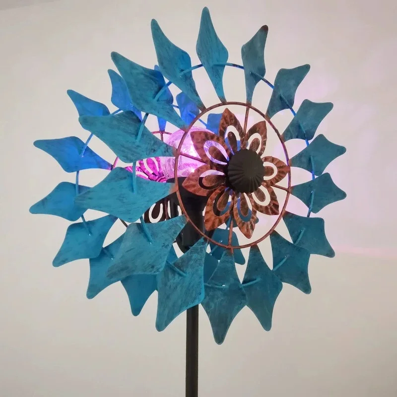 Double Layer Petal Wind Spinner Metal Stake Ornament Wind Driven Rotatable Outdoor Garden Yard Landscape Decor Craft Two Tone
