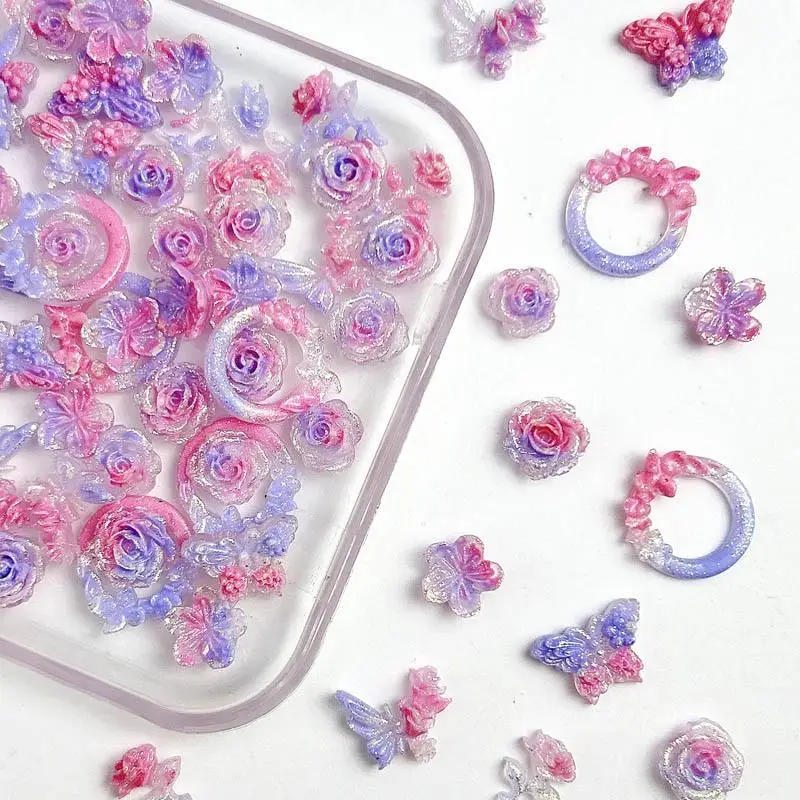 

50PCS Dreamy Sparkling Resin Rose Butterfly Nail Charms Luminous Pink Purple Double Tone Combination Nail Art Decoration for DIY