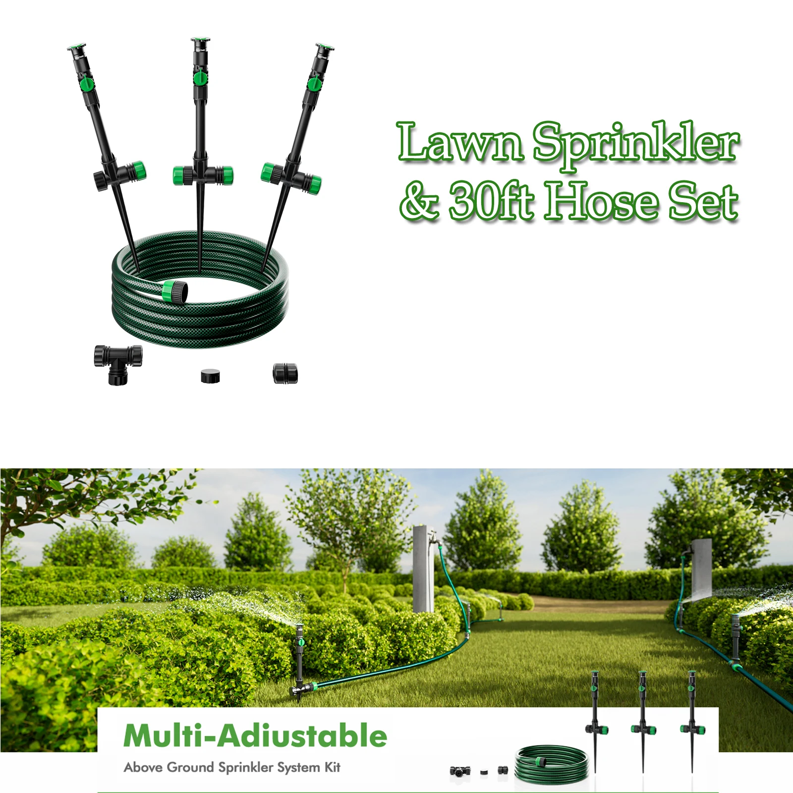 

Multi-Adjustable Lawn Sprinkler & Hose Set DIY Irrigation Kit for Garden Plant Flower Bed and Large Yard Area Watering