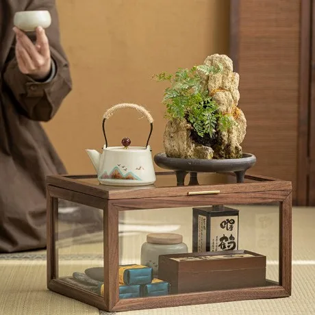 Walnut solid wood figure storage box household living room dust display cabinet tea set rack perfume storage cabinet