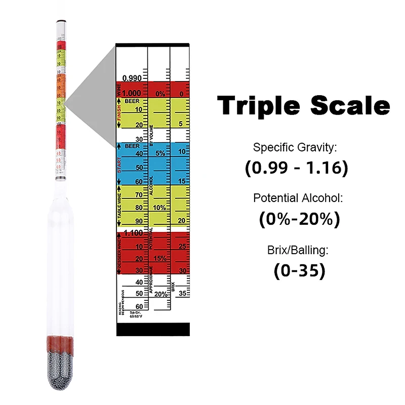 Triple Scale Hydrometer For Home Brew Wine Beer Cider Alcohol Testing 3 Scale Hydrometer Wine Sugar Meter Gravity ABV Tester